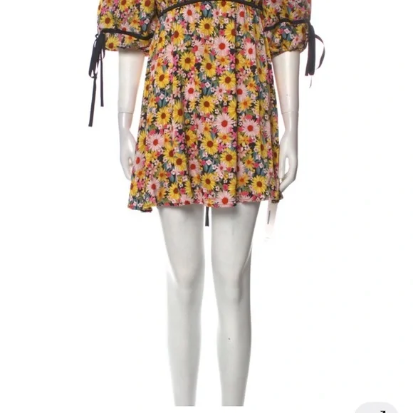 For Love And Lemons Yellow Floral Puff-Sleeve Mini Dress with Pink Accents - Picture 2 of 2